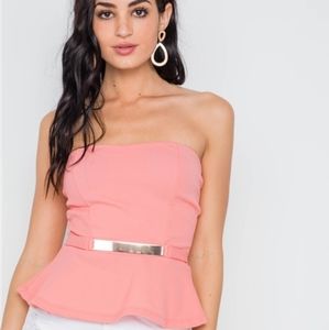 3/$15 - Coral Peplum Top with Gold Belt Detail